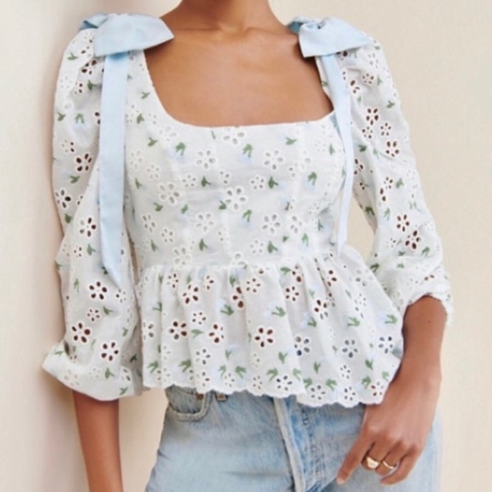 For Love & Lemons Wild Cherry Eyelet Lace Up Ribbon Corset Blouse Top Size M